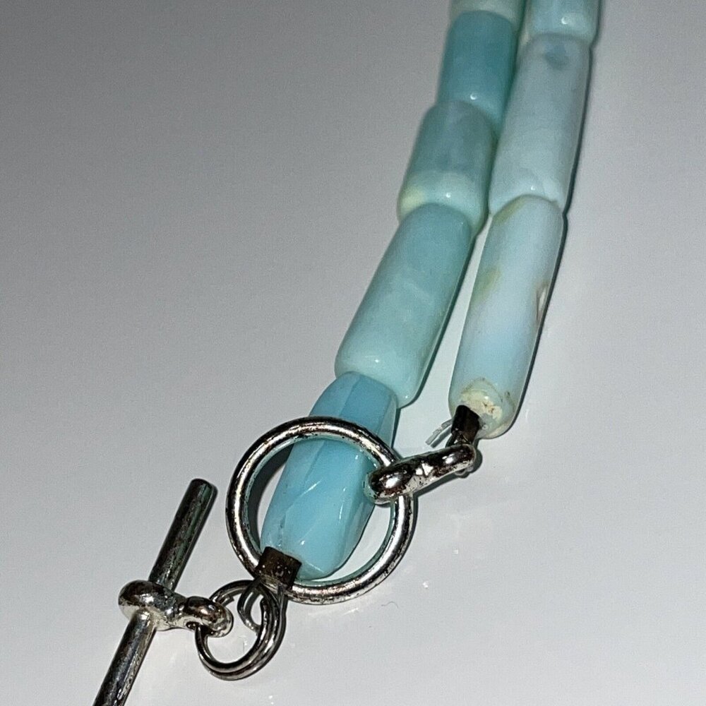 Aqua Peruvian Opal? Tube Beads & Freshwater Pearl Pendant Gemstone Necklace A140 - Picture 8 of 16